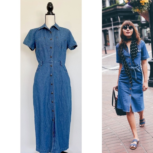SOLD :: Vintage 90s Denim Midi Dress - Picture 4 of 11